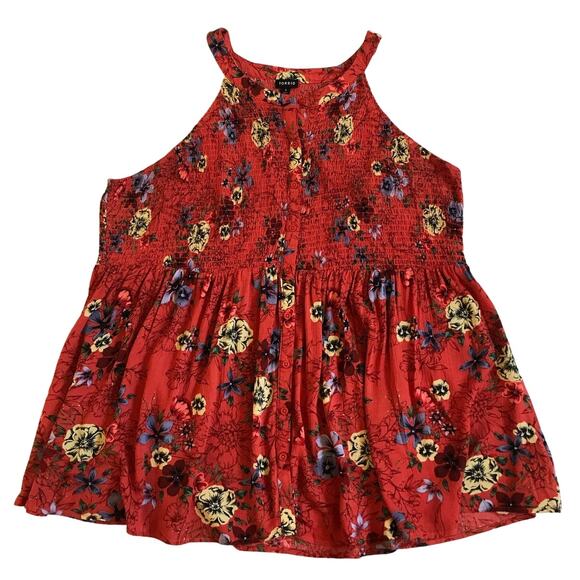 Torrid Smocked Top Babydoll Size 4X Rayon Crepe Tank Button Front Floral Red EUC - Picture 9 of 12